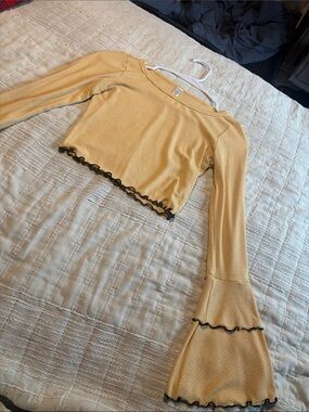Womens Yellow Long Sleeve Crop Top with Ruffle Trim